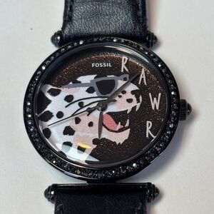 Fossil ES4710 Women's Lyric Black Leather Strap RAWR Tiger Watch 32mm